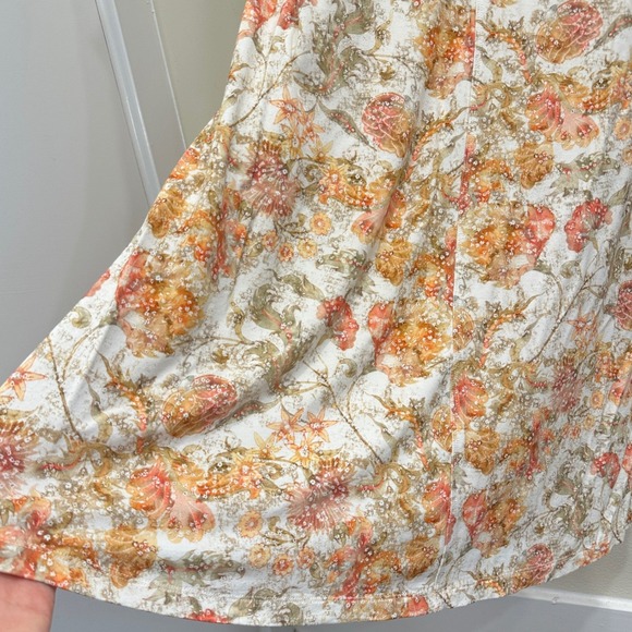 Peruvian Connection Persephone Dress Floral V-Neck Jersey Midi Orange Cream L - Picture 10 of 13